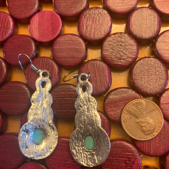 Hand painted turquoise and silver drop earrings - Picture 5 of 5